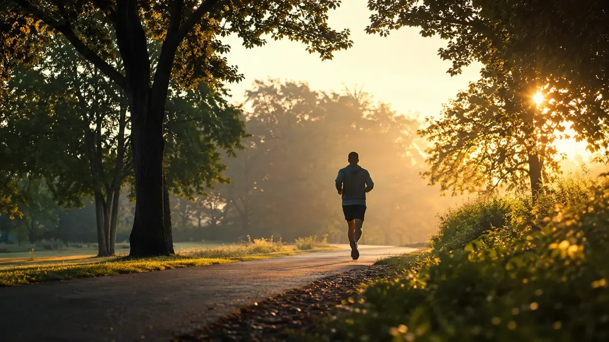 Persona corriendo por un parque al amanecer, sin rostro identificable