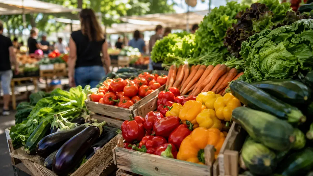 Puesto de verduras frescas y coloridas en una feria de barrio