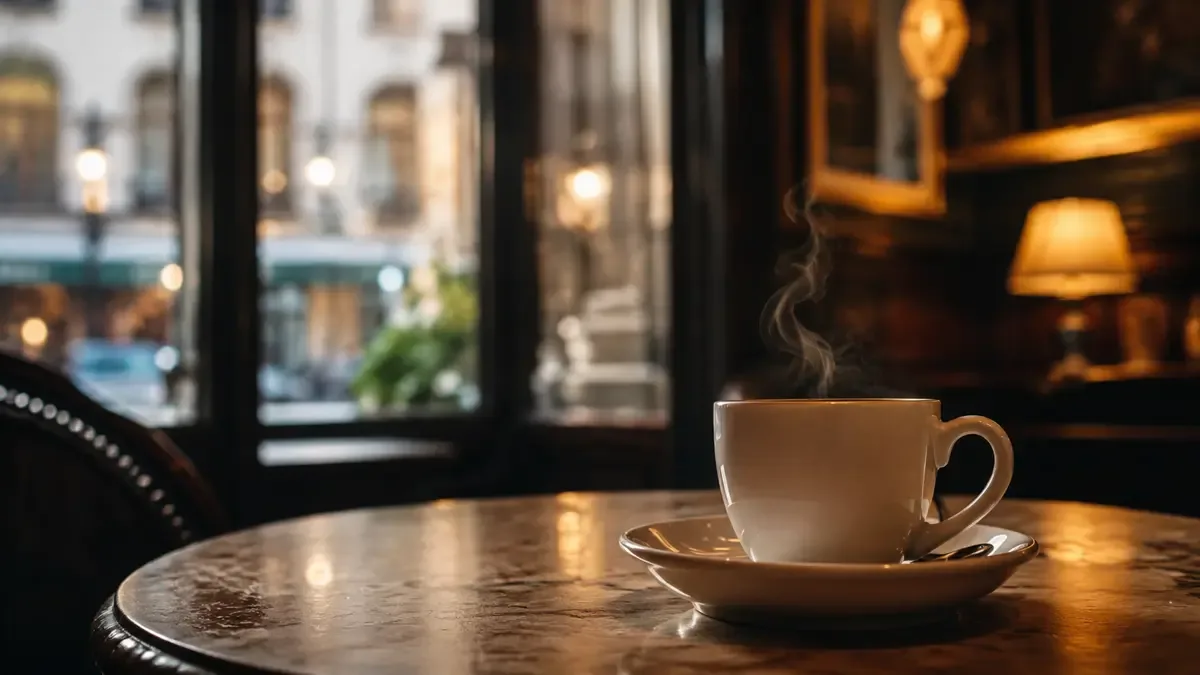 Taza de café humeante sobre la mesa de un bar porteño