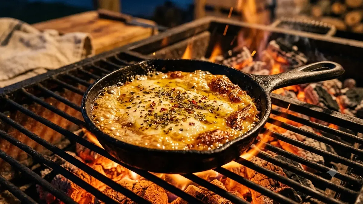 Provoleta burbujeante en cazuelita de hierro sobre la parrilla