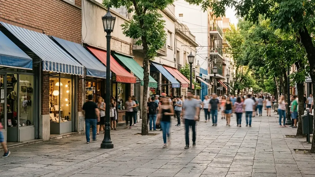 Corredor comercial de barrio con vereda ancha y toldos de locales