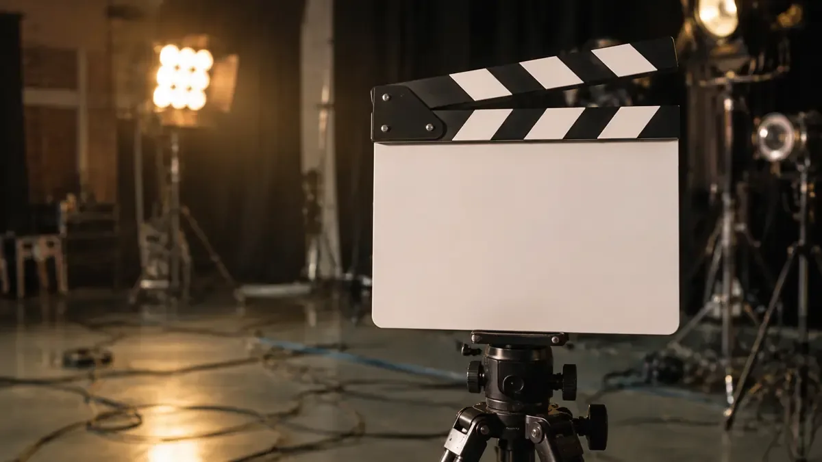 Claqueta de cine apoyada sobre un trípode en un set de rodaje
